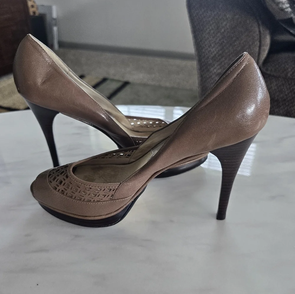 Michael Kors Heels Womens Sz 9.5M Zamara Open Toe Taupe Shoes Slip On Stiletto